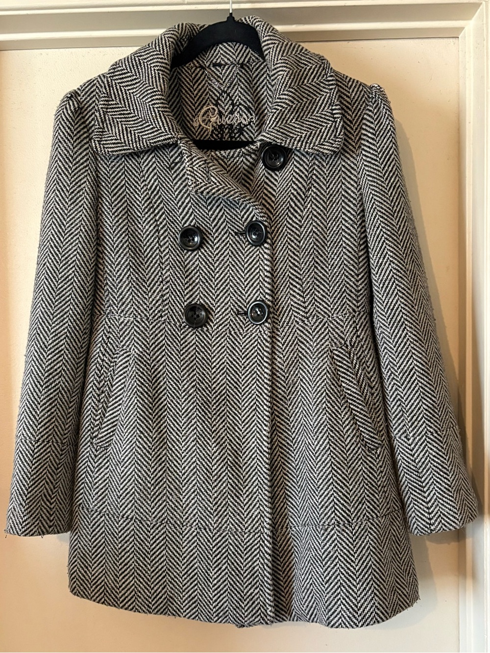 Guess Herringbone Double-Breasted Peacoat Black & White, Size Petite Medium (PM